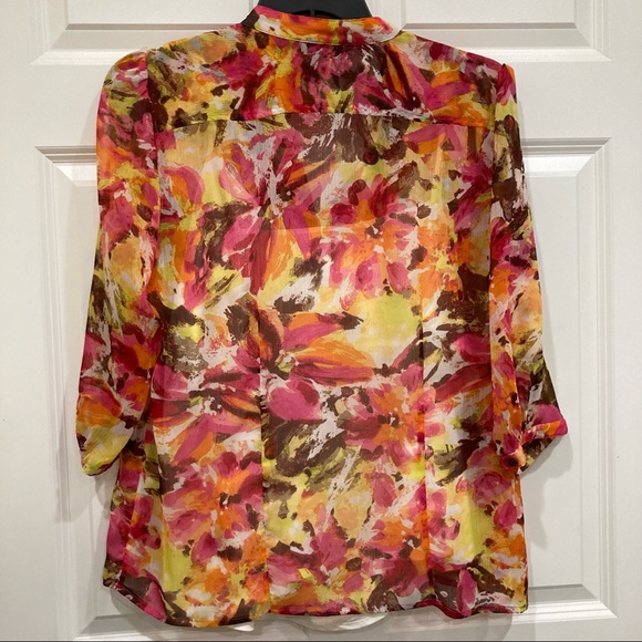 Christopher & Banks XL colorful sunset sheer button up white satin under shirt - Picture 2 of 9